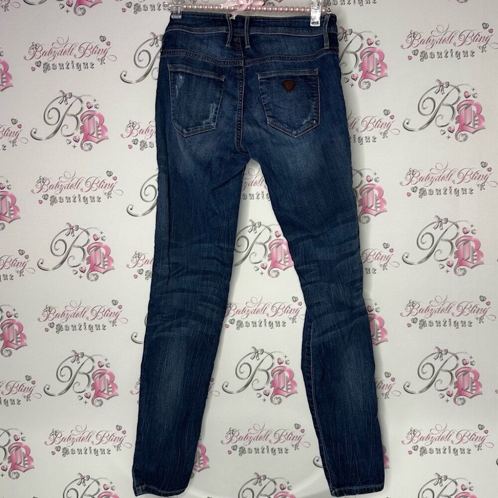 Guess jeans denim triangle logo pocket dark wash skinny straight Women's Blue